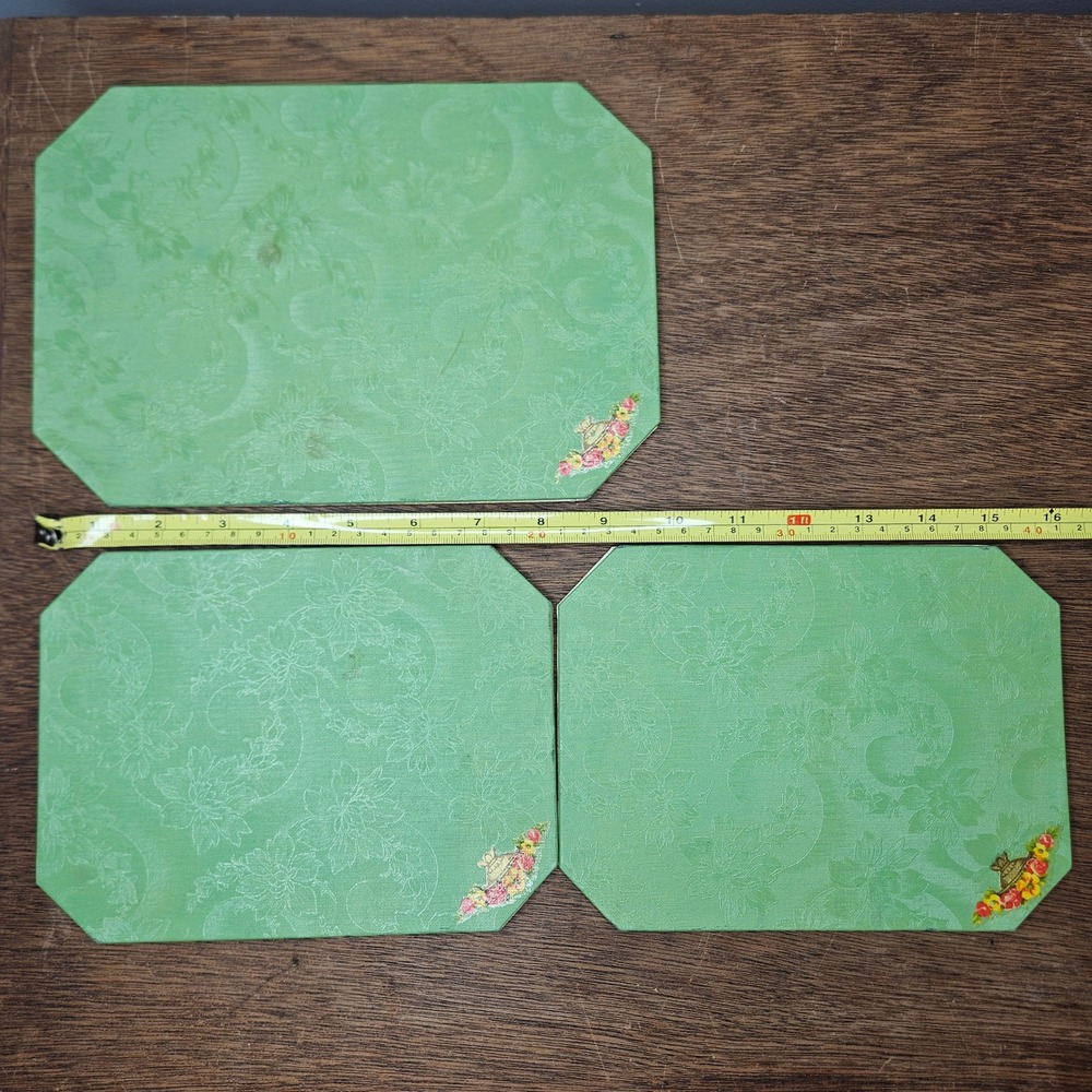 Vtg Green Floral Damask Octagon Placemats Trivets Set of 3 Faux Leather Vinyl